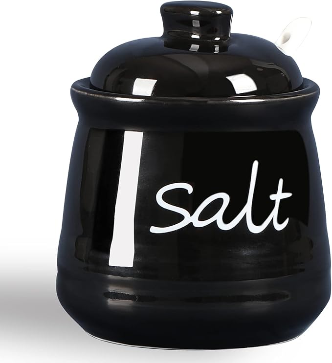 ONTUBE Ceramic Salt Bowl with Lid and Spoon 12oz (Black)