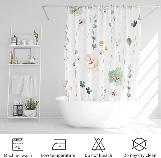 Gibelle Long Shower Curtain 72 x 78, Watercolor Floral Fabric Shower Curtain, Sage Green Beige Flower Decorative Bathroom Shower Curtain Set