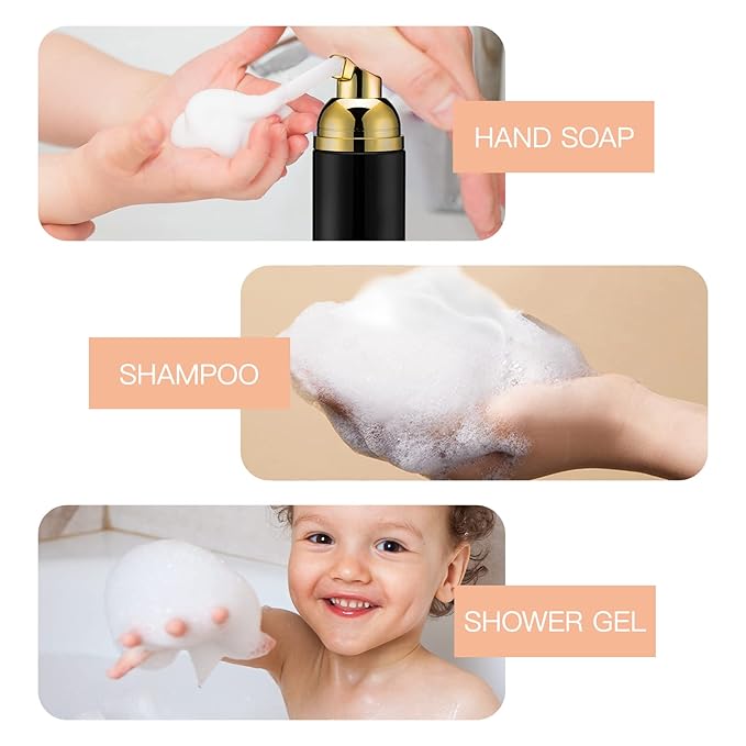 2oz Foam Pump Bottle (3PCS) Empty Travel Foaming Dispenser for Hand Soap, Lash Cleanser, Shampoo (60ml, Gold &Black,White,Pink