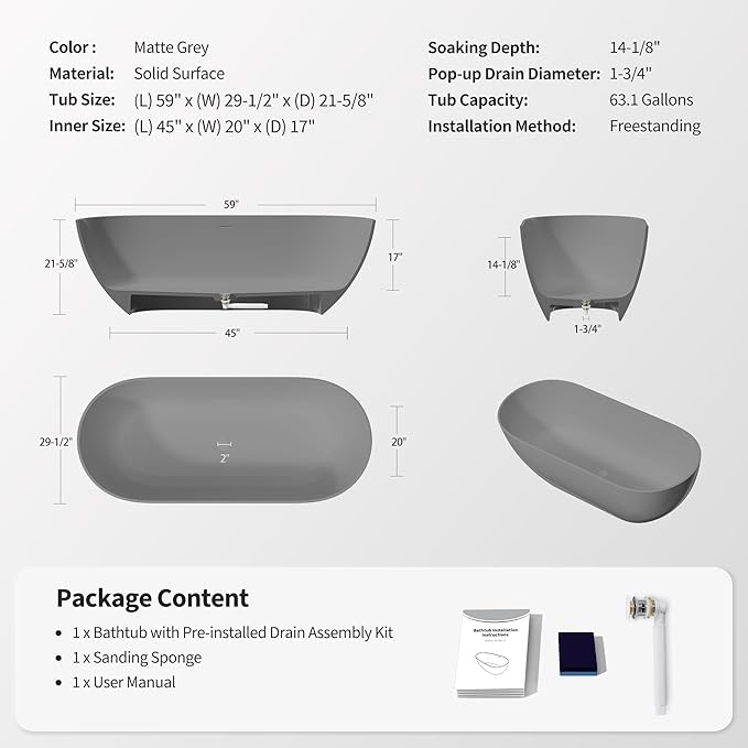 Abruzzo 59" Freestanding Bathtub Matte Grey - Solid Surface Stone Resin Soaking Tub with Overflow & Pop-Up Drain, cUPC Certified Easy Install Contemporary Bathtub for Modern Bathroom