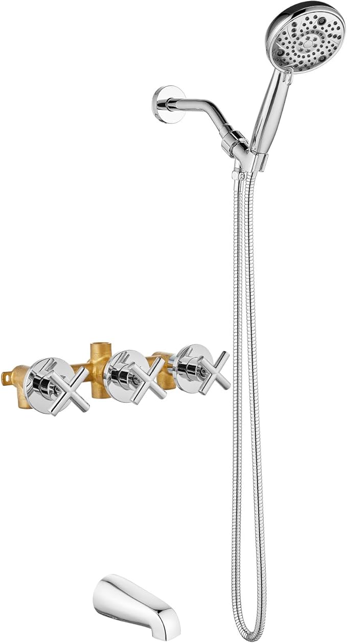 Aolemi 3 Handles Tub Shower Faucet Set with Valve Bathtub Combo Set Shower System Complete Trim Kit Wall Mounted Polish Chrome
