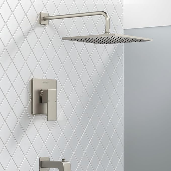 Lava Odoro 12-inch Square Bathtub and Shower Faucet Set Brushed Nickel, Shower Trim Kit with Rough-in Valve High Pressure Gold Rainfall Shower Head and Handle Set, (Valve Included), SF106-BN-T