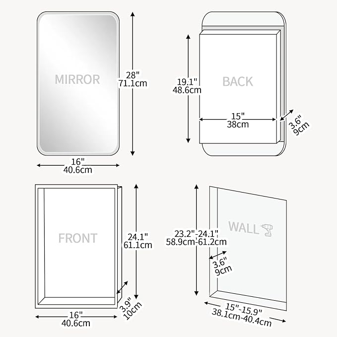 Rectangle Medicine Cabinet with Beveled Edge Mirror, No-Assembly Bathroom Wall Cabinet with Mirror, Adjustable Shelves, Tissue Slot, Recessed or Surface Mount (28" H x 16" W)