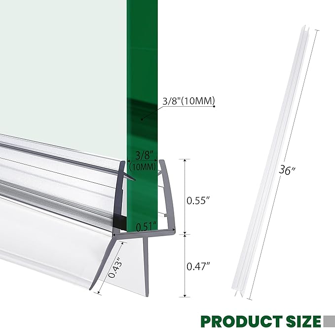 Shower Glass Door Bottom Seal, 2PCS 36 Inch Ultra Clear PVC Seal Strip with Sweep for 3/8"(10mm) Thick Frameless Glass Door, to Stop Water Leakage