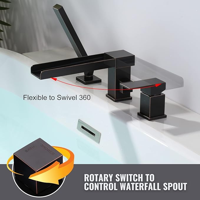 Waterfall Roman Tub Filler Faucet, Deck Mount Bathtub Filler with 360°Swivel Spout, 3 Holes Bathroom Tub Faucet with Sprayer, Oil Rubbed Bronze