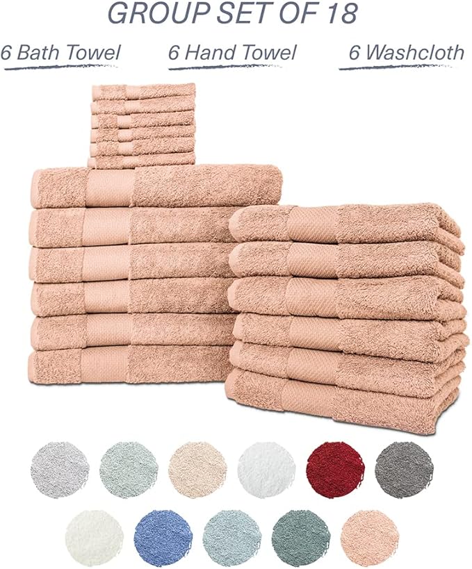 Hencely 18-Piece Bath Towel Set - High Absorbency, Quick Drying - 100% Soft Turkish Cotton - 6 Bath Towels, 6 Hand Towels, 6 Washcloths - for Bathroom, Home, Hotel, Spa, and Gym - 18-Pack Dark Peach