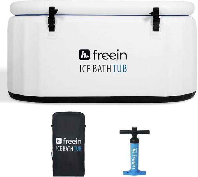 Freein Ice Bath Tub [XXL UPGRADED] - Cold Plunge Tub, Water Chiller Compatible, Inflatable, Portable, Foldable, Recovery Tub for Athletes, 54"x30"x24" - Outdoor, White/Wood