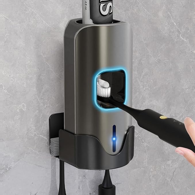 Automatic Toothpaste Dispenser Wall Mounted - Hands-Free Toothpaste Squeezer with 3 Speed Settings, 2 Toothbrush Holders & Strong Adhesive - Smart Bathroom Organizer for Kids and Adults