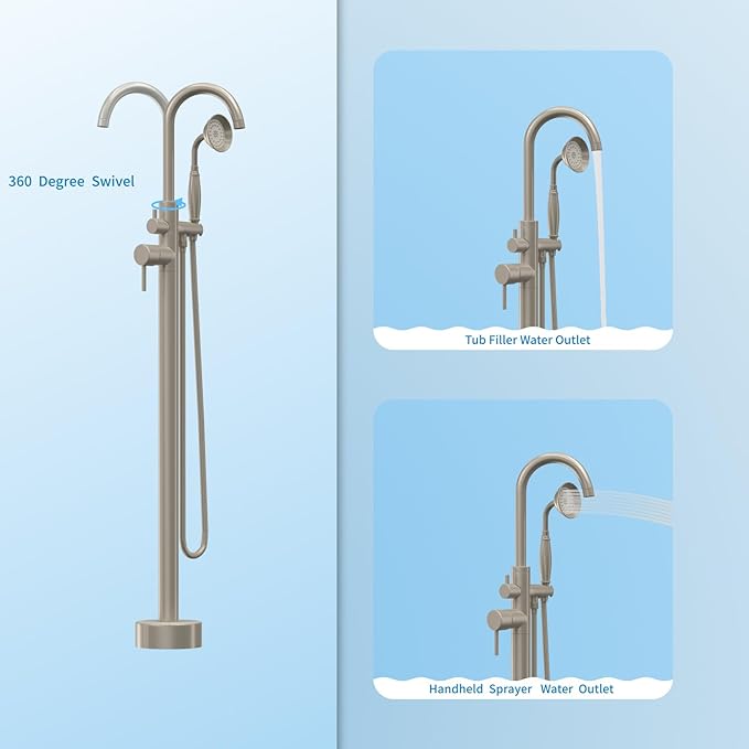 Freestanding Tub Filler Brushed Nickel Floor Mount Bathtub Faucet Bathroom,Rough-in Valve 2 Function Handshower for Tub Rinsing Bathing,Anti-Wobble Base,Telephone-Shape Handheld