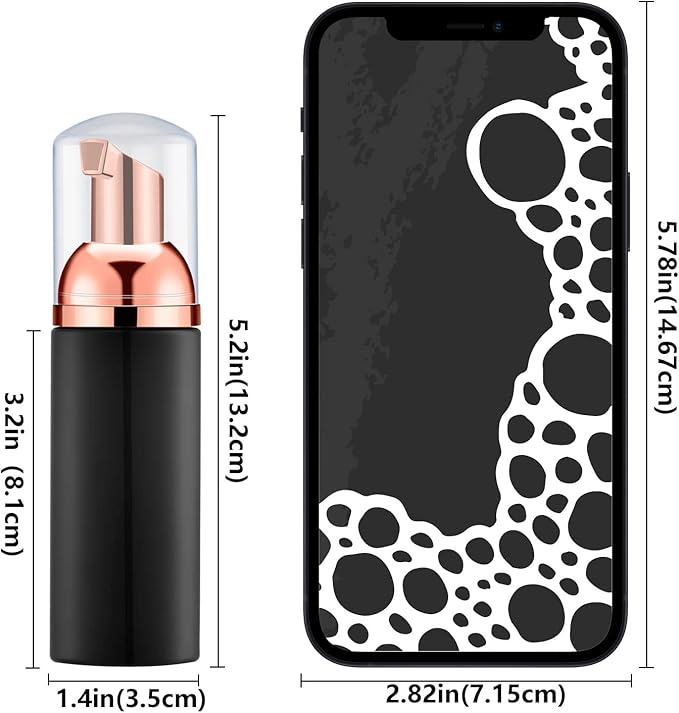 2 Oz Empty Foam Pump Bottle (12PCS) Travel Foaming Soap Dispenser for Hand Soap, Lash Shampoo Cleanser (Black&Rose Gold)