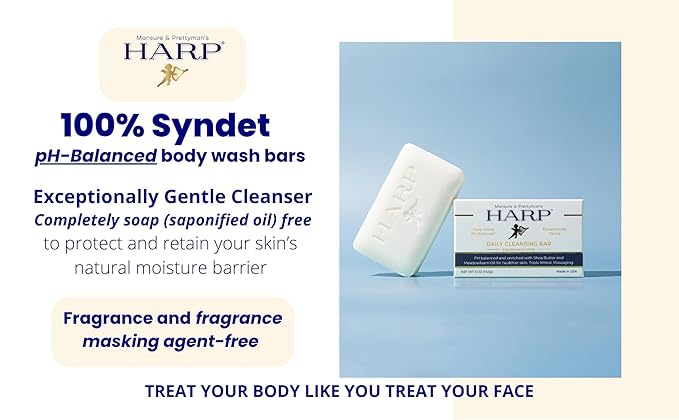 HARP pH-Balanced (5.0-6.0) Body Wash Bar. 100% Syndet. Protects Moisture Barrier For Sensitive, Dry or Irritated skin. + Shea Butter/Borage Oil. Non-Comedogenic. FRAGRANCE FREE