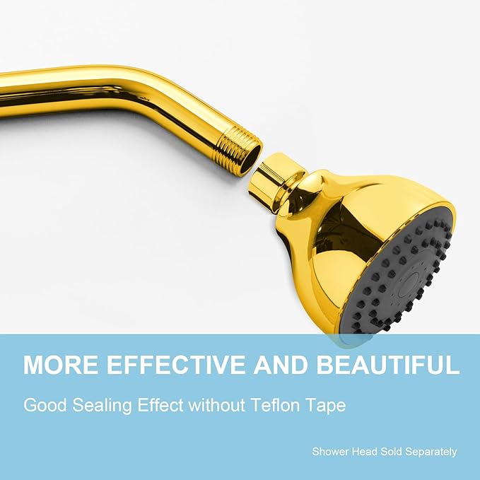 OFFO Shower Arm with Flange, 10 in Bright Gold Wall Mount Replacement Angle Shower Head Arm Wall-Mounted For Fixed Shower Head & Handheld Showerhead