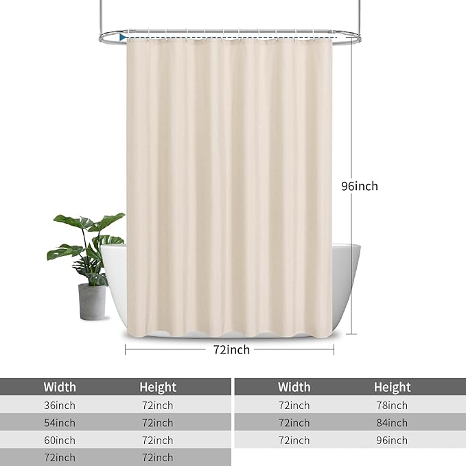 2-in-1 Waterproof Extra Long Fabric Shower Curtain or Liner,Linen Textured,96 Inch Breathable TPU & Washable Bathroom Shower Curtain Set with 12 Plastic Hooks,Modern,72"x96" Cream