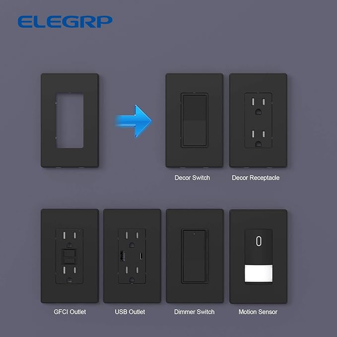 ELEGRP 1-Gang Screwless Decorative Wall Plates, Standard Size Unbreakable Thermoplastic Faceplate Cover for Decorator Receptacle Outlet Switch, UL Listed (10 Pack, Matte Black)
