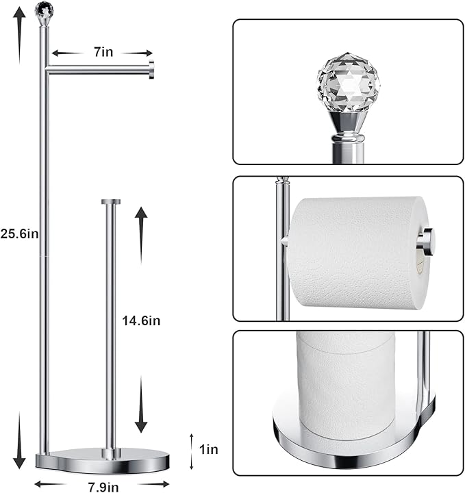 Toilet Paper Holder for Bathroom, Heavy Weighted Metal Free Standing Toilet Paper Storage with Crystal Ball, Toilet Paper Stand for Bathroom Accessories, Polished Chrome [Holds MEGA Rolls]