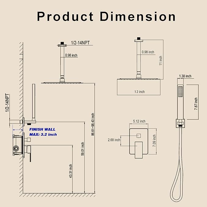 Ceiling Mount Shower System, Shower Faucet Set with 12-Inch Rain Showerhead and Handheld Spray Combo, High-Pressure Showerheads Set with Valve and Trim Kit, Brushed Nickel