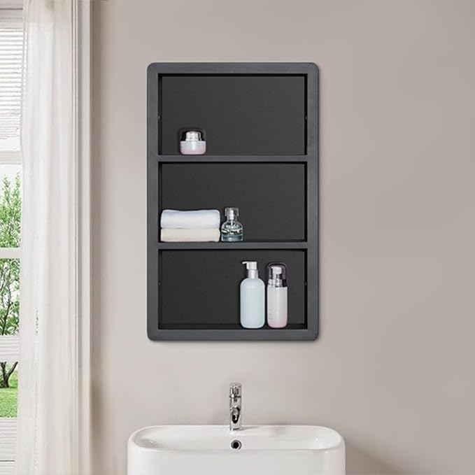 Recessed Medicine Cabinet No Mirror - 14x24 Bathroom Storage Wall Cabinet with 2 Shelves, 304 Stainless Steel Shower Niche, Matte Black Waterproof for Bathroom, Toilet, Vanity