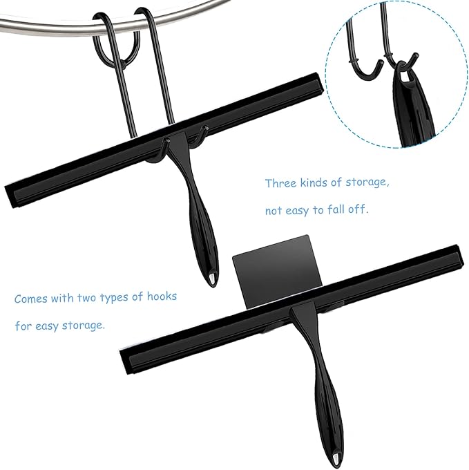Shower Squeegee for Glass Doors, 14 Inches Bathroom Squeegee with Spare Silicone Blade, Shower Door Hook and Adhesive Hook, Stainless Steel Bathroom Squeegee for Mirror Window (14in-Black-1 Pack)