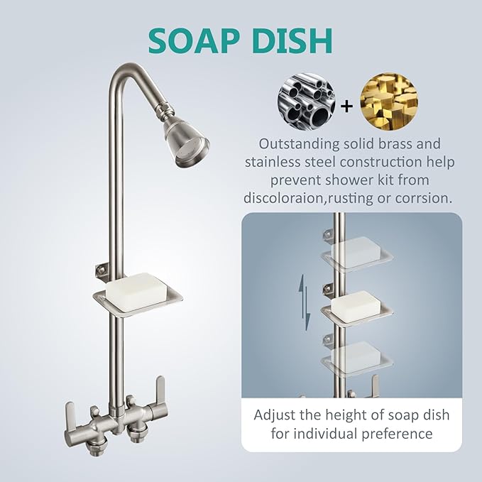 Aolemi Outdoor Shower Fixtures,Outdoor Shower Kit Faucet System 3 Inch Center with Showerhead 2 Handle Exposed Shower with Brass Mix Valve Pipe Downward with Soap Dish Brushed Nickel