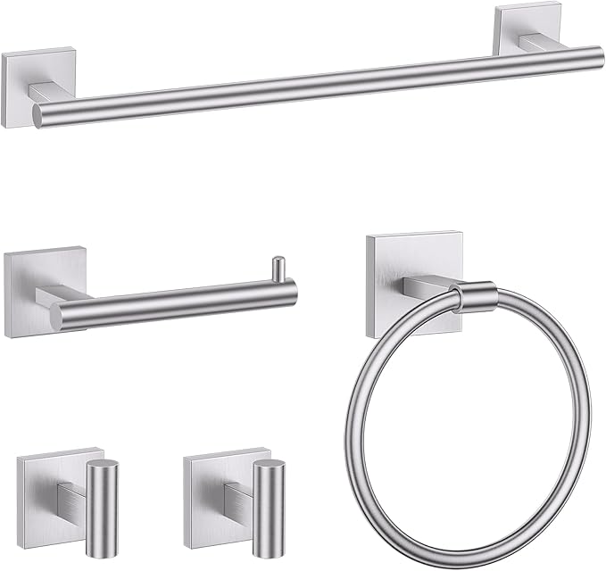 TURS Brushed Nickel 5-Pieces Bathroom Hardware Set SUS304 Stainless Steel Towel Bar Set Wall Mounted 23.6 Inch Towel Racks for Bathroom Squared