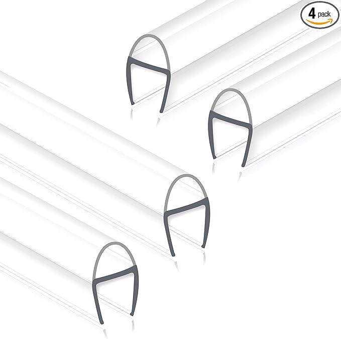 Frameless Shower Door Seal Strip 4 Pack x 39 Inch U for 3/8" Thick Glass Shower Door Side Seal Strip Bottom Seal Door Sweep Ultra Clear Polycarbonate, Stop Shower Leaks Create A Water Barrier