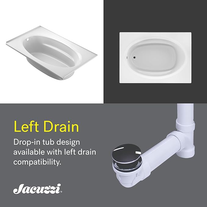 Jacuzzi SIGNATURE Acrylic Drop-In Bathtub, Soaking Sanctuary, Slip Resistant, Left Drain Placement, 72" (L) x 42" (W), Oval In Rectangle, 3-Tile Flange, White