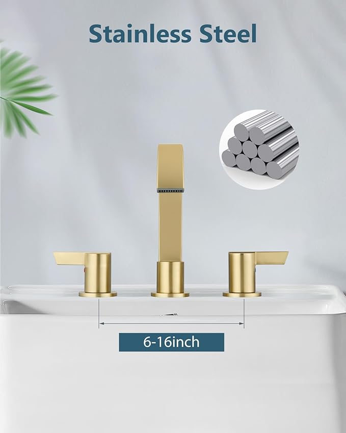 Aolemi Bathroom Faucets 3 Hole,8 Inch Widespread Waterfall Bathroom Sink Faucet,2 Handles Vanity Faucet with Pop-up Drain and Supply Hose,Gold