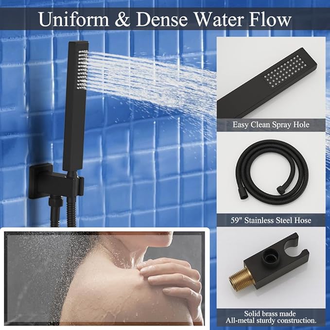 16 Inch Matte Black Ceiling Mount Shower System Bathroom Luxury Rain Mixer Shower Combo Set Ceiling Rainfall Shower Head System Faucet Contain Rough-in Valve and Trim Included