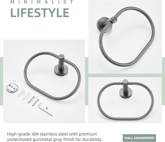 Angle Simple Swivel Towel Ring for Bathroom, SUS304 Stainless Steel Oval Hand Towel Ring Rack for Wall, Gunmetal Gray