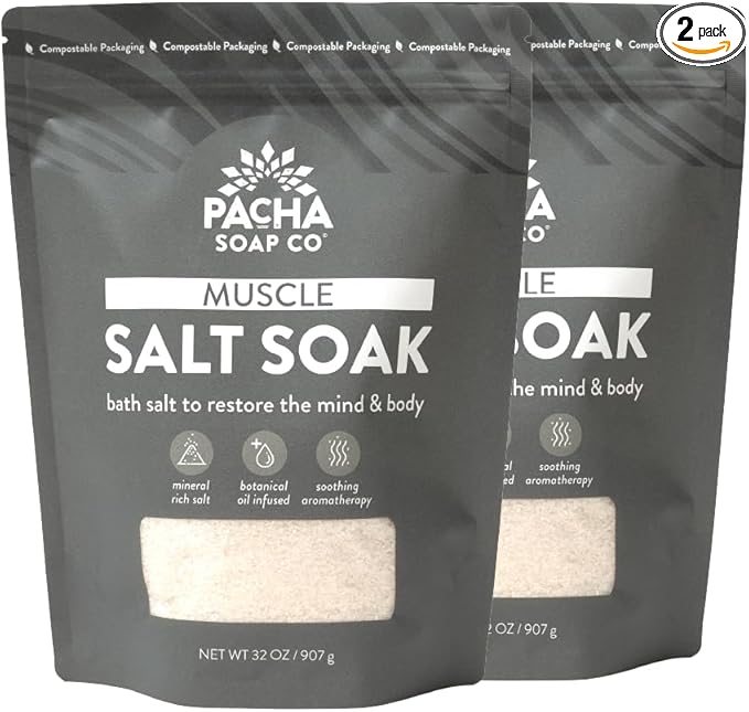 Pacha Soap Co. Muscle Salt Bath Soak - Epsom Salt with Arnica, Calendula, and Peppermint, Handcrafted Bath Salts Made in The USA for Muscle Relief, Recovery & Relaxation, 2-Pack (64 oz. Total)