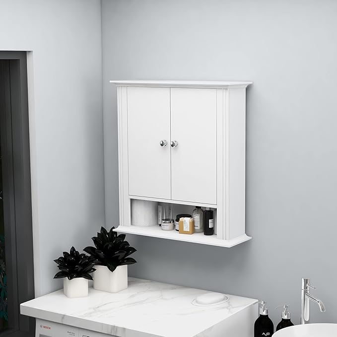White Wall Cabinet, Over The Toilet Storage Cabinet, Bathroom Cabinet Wall Mount, 2 Doors & Hooks, Medicine Cabinet Organizer, Hanging Wall Cabinet Cupboard for Kitchen Laundry Room White
