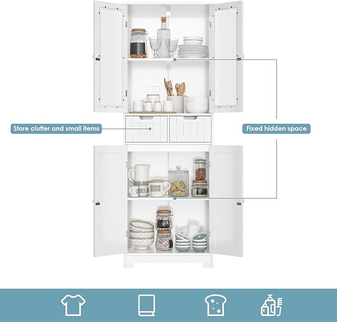 HORSTORS 67" Tall Bathroom Storage Cabinet, Freestanding Linen Cabinet with Glass Door and Shelves, Kitchen Pantry with 2 Drawers for Bathroom, Living Room, Dining Room, Office, White