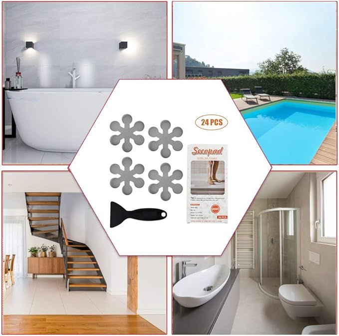 Bathtub Stickers Non-Slip, 12 PCS Grey Safety Shower Treads Adhesive Appliques with Premium Scraper