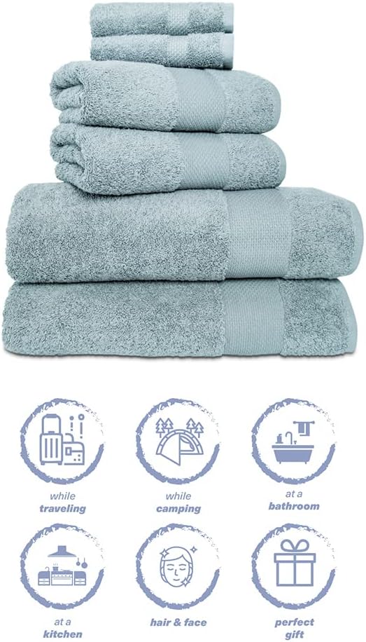 Hencely 6-Piece Bath Towel Set - High Absorbency, Quick Drying - 100% Soft Turkish Cotton - 2 Bath Towels, 2 Hand Towels, 2 Washcloths - for Bathroom, Home, Hotel, Spa, and Gym - 6-Pack Water Green