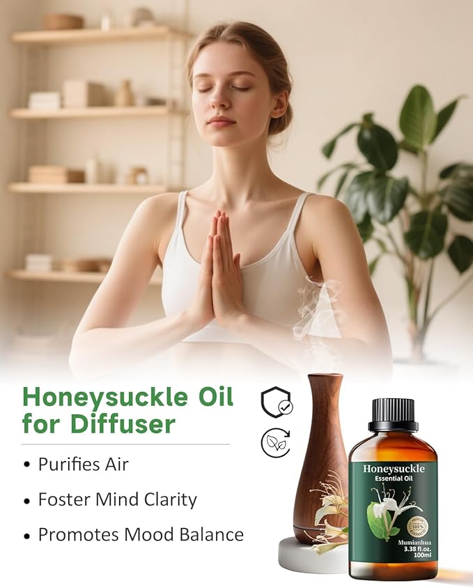 Pure Honeysuckle Essential Oil for Bedtime Serenity, Evening Relaxation & Pillow Mist, Mumianhua Natural Floral Aroma for Reed Diffuser, Hair, Skin, Calming Blends, Candles,Perfume Making 3.38 Fl Oz
