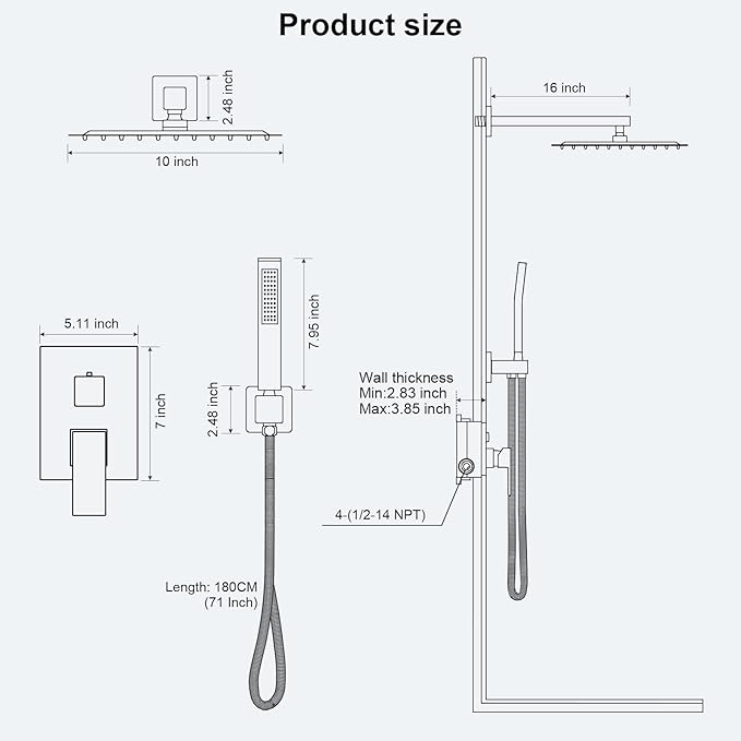 Shower Faucet Set Bathroom Square Rain Shower Head and Handle Set, Wall Mounted Shower Fixtures, Full Metal Trim Repair Kit 10 inch Polished Chrome (With Shower Valve)