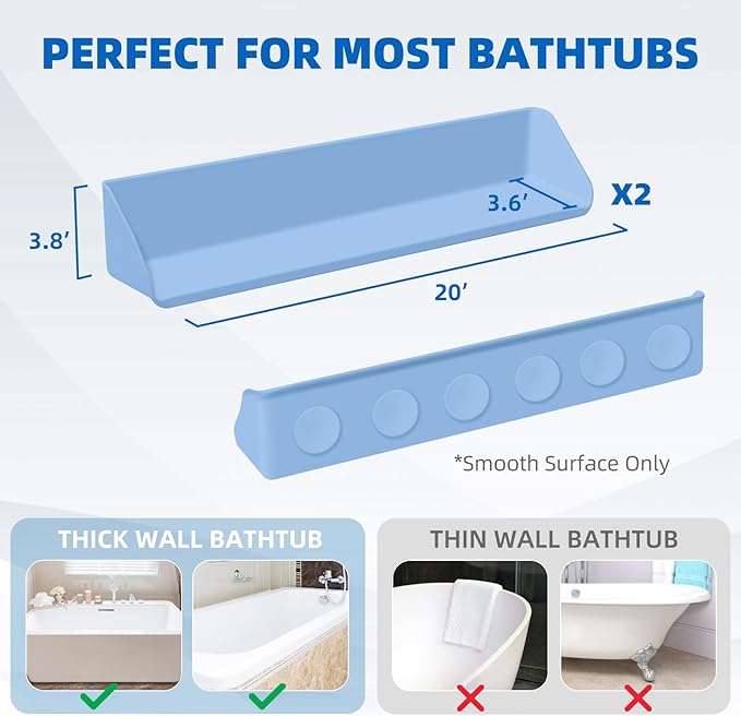 Splash Guard for Bathtub, 3.8" x 3.6" Silicone Bath Tub Splash Guard with 6 Suction Cups, Bathtub SplashGuard Play Shelf Area for Kids with 3°Drainage Slope for Faster Drying - 2 Packs Blue