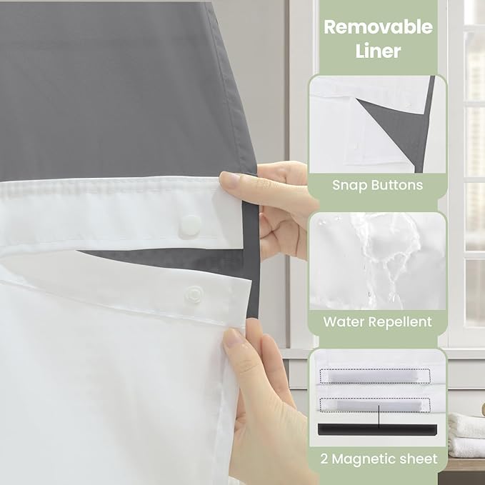 Inhousolu No Hook Shower Curtain with Snap in Fabric Liner Set Waffle Weave 230GSM Weighted Hem, Waterproof & Washable Bathroom Curtain Spa Luxury with Mesh Top Window 72" W x 72" L Grey