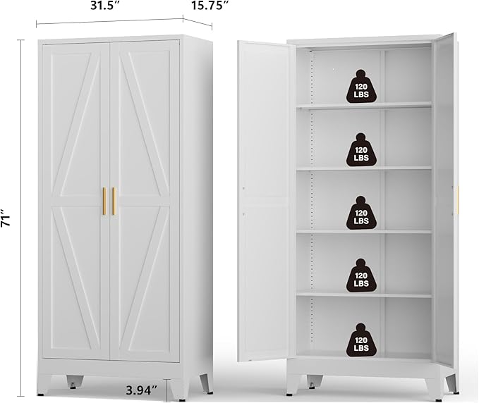 Metal Kitchen Pantry Cabinet,71" White Farmhouse Storage Cabinet with 2 Vintage Barn Doors and 4 Adjustable Shelves, Rustic Freestanding Cupboard for Kitchen,Home Office Living Room,Dining Room