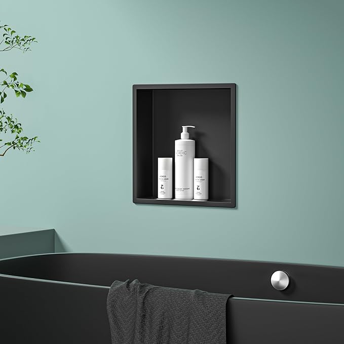 Stainless Steel Shower Niche 12" X 12" Matte Black No Tile Needed Niche Shower Recessed Wall Niches for Bathroom Storage Over Mount Installation
