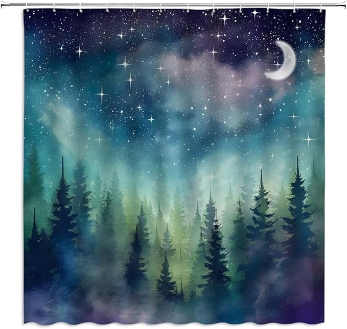 Forest Moon Shower Curtain Watercolor Misty Forest Fantasy Starry Sky Galaxy Nature Gothic Scenery Abstract Outdoor Bathroom Decor Curtains with Hooks, Purple 70" L x 78" W