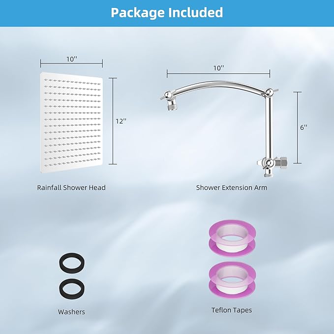 Hibbent All Metal cUPC Certified Rain Shower Head, 12'' High Pressure Rainfall Showerhead with 16" Shower Head Extension Arm, Solid Brass Adjustable Shower Arm Extender, fixed Showerheads, Chrome