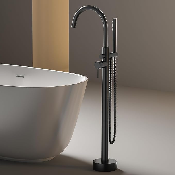 Freestanding Bathtub FaucetFloor Mount Bathtub Filler Shower Mixer Faucet with Handheld Shower Sprayer Swivel, Bottom Inlet，Matte Black