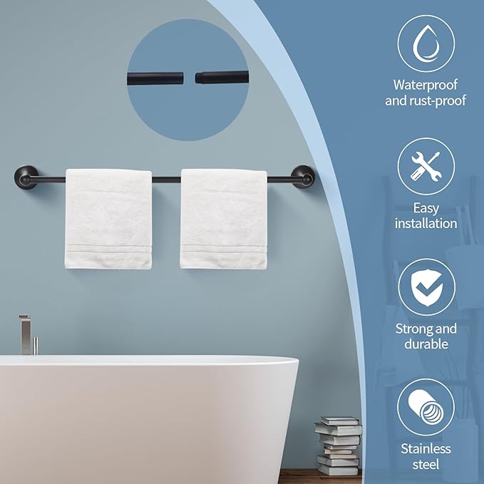 Bathroom Accessory Set,Matte Black Adjustable Expandable Towel Bar 4-Piece Bathroom Hardware Set Durable 24 inch Towel Rack Set Wall Mounted
