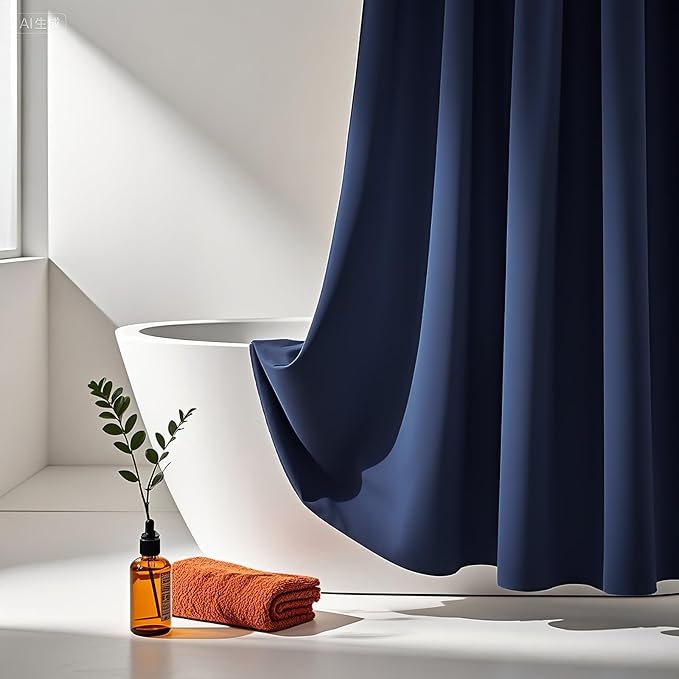 AooHome Small Shower Curtain Liner, Polyester Soft Solid Color Shower Curtain with Hooks for Hotel, Weighted Hem, Water Repellent, Navy Blue, 36x72 inch