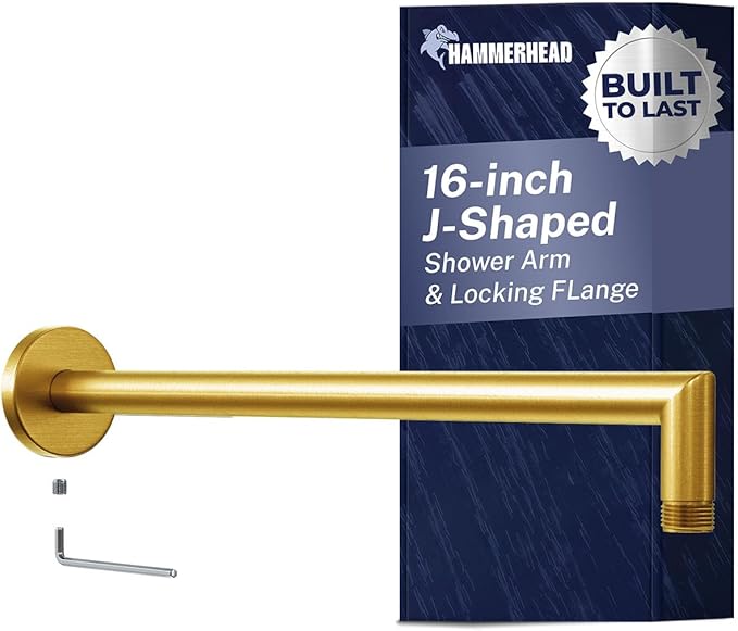 HammerHead Showers® Solid Metal 16 Inch Extended Shower Arm and Flange with Set Screw, Long Shower Arm, Extends Rain Shower Overhead, Wall-Mounted Rain Shower Arm, Brushed Gold