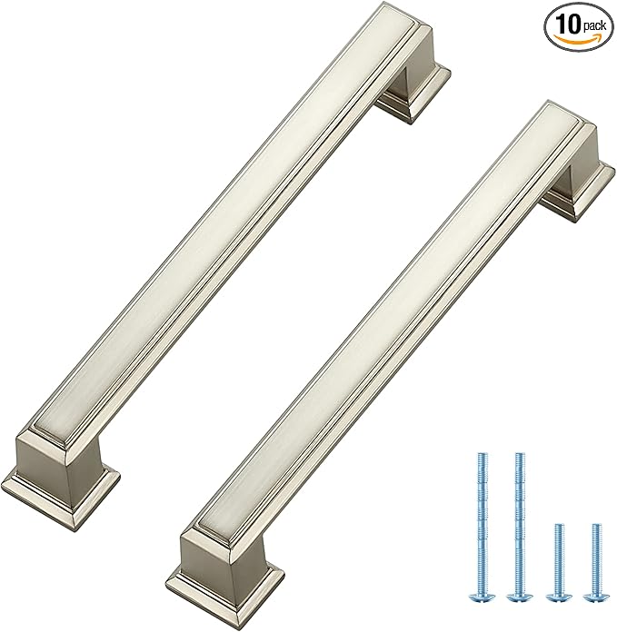 Ravinte Hardware 10 Pack Brushed Nickel Cabinet Pulls, 5 Inch (128mm) Hole Center Zinc Alloy Drawer Handles for Kitchen Cabinets, Cupboards, Dressers, Square Solid Metal Hardware