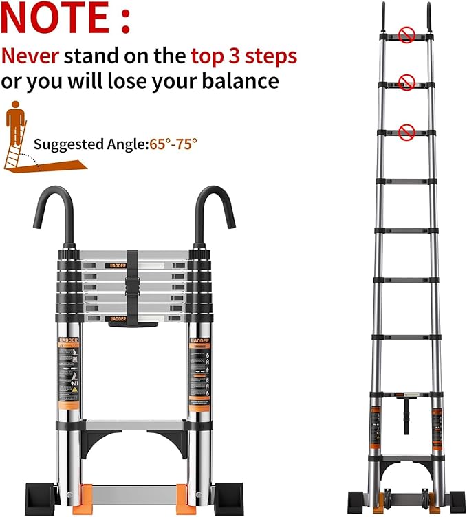 Telescoping Ladder,with Stable Hook and stabilizer barand,10.5 FT Extension Ladder, Heavy Duty 330lbs Max Capacity, Multi-Purpose Collapsible Ladder for RV or Outdoor Work (3.2M/10.5FT)