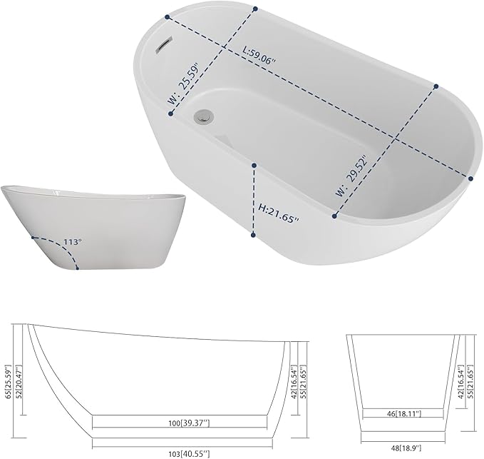 Sarlai 59 Inch Acrylic Freestanding Soaking Bathtub Contemporary Soaking White Tub Stand Alone Ergonomic Bathtub with Chrome Drain and Overflow