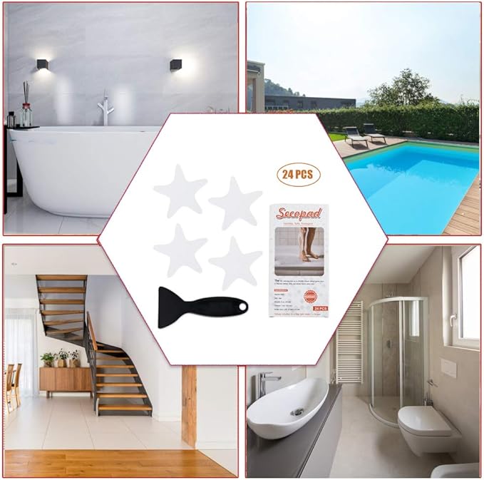Anti Slip Shower Stickers 24 PCS Safety Bathtub Strips Adhesive Decals with Premium Scraper(White Star)